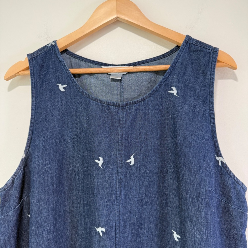 Chambray Dark Denim Hummingbird Novelty Midi Dress L Sleeveless Pockets Cotton - Picture 3 of 9
